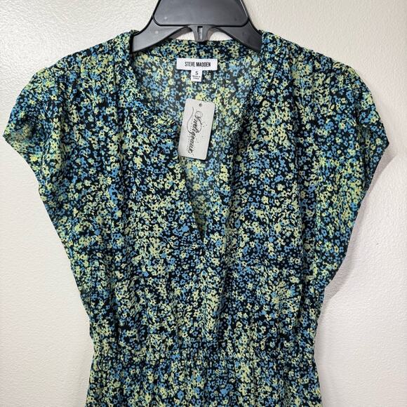 NWT Steve Madden Leigh Midi Dress Blue Yellow V-Neck Floral Dress Women’s Small - Picture 5 of 7
